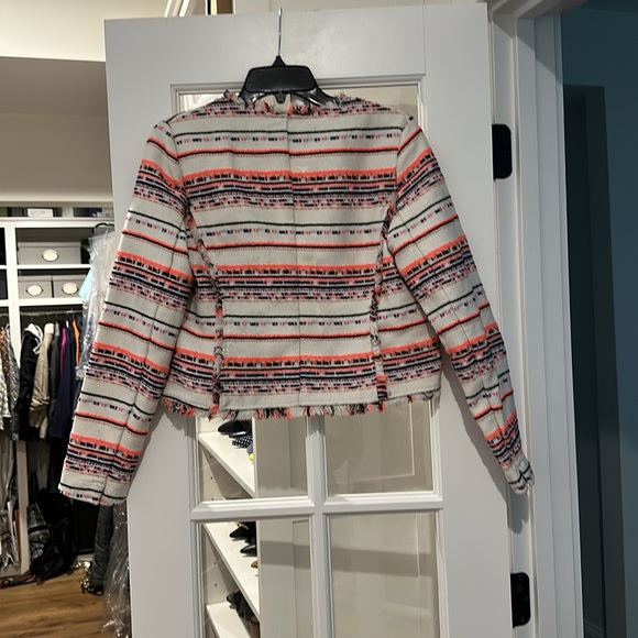 Anthropologie x Belle Vere Size Small White Neon Pink Black Stripe Tweed Blazer - Picture 7 of 7